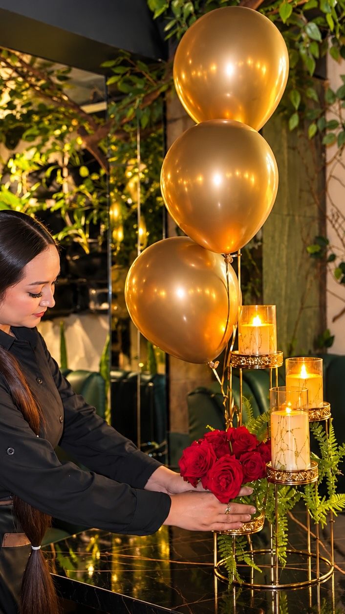 Decoración de cumpleaños con globos dorados, rosas rojas y velas